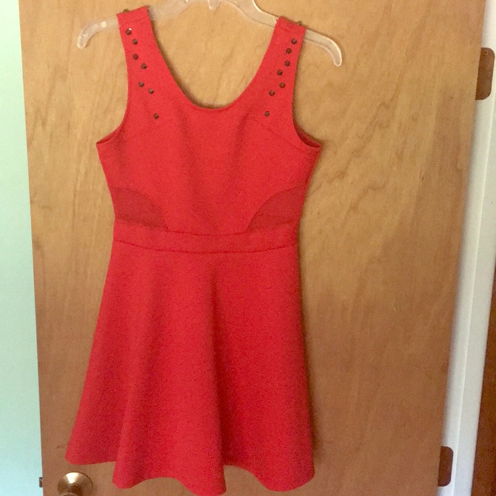 Bright red party dress w spikes and sheer cutouts